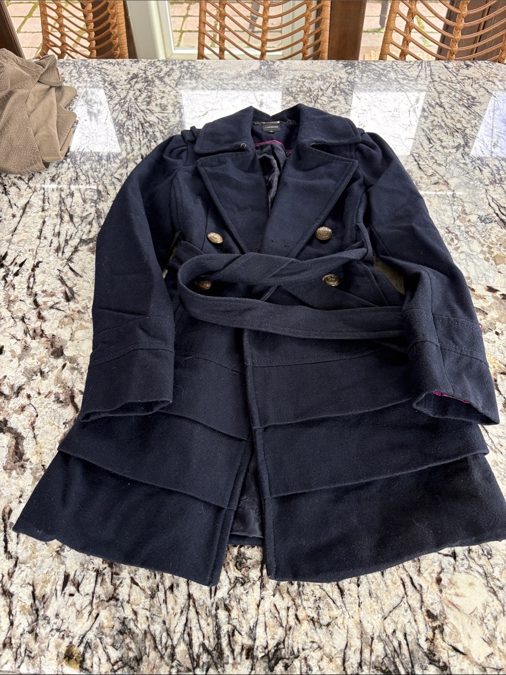 Express Navy Coat with Gold Buttons and Pink Trim